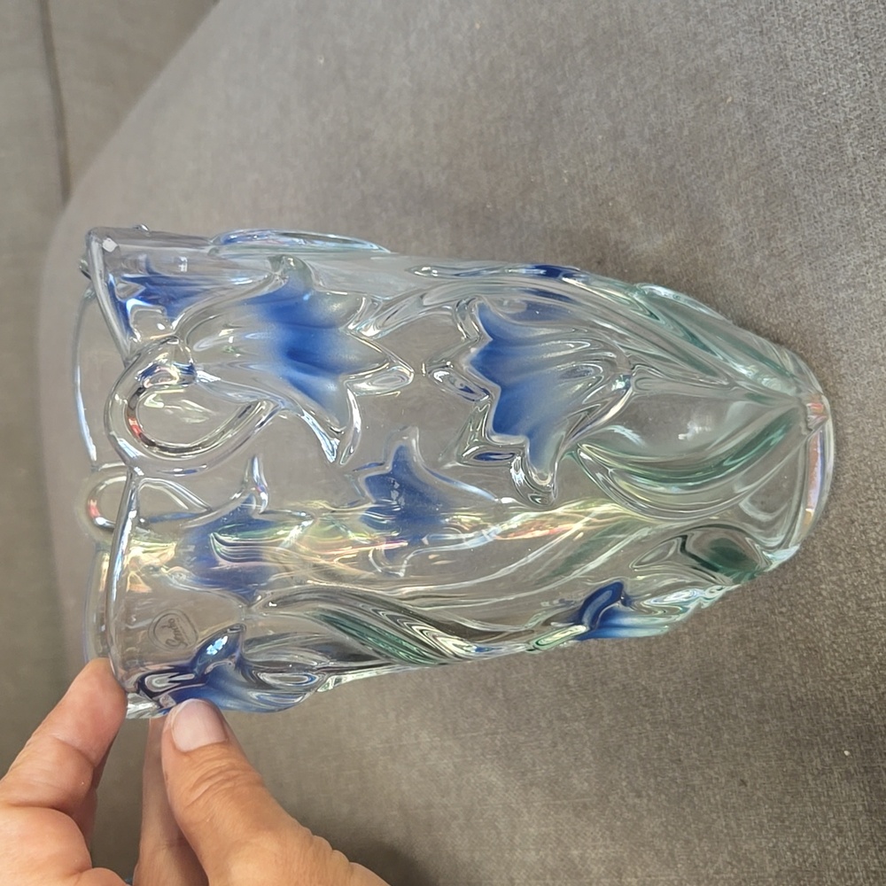 Mikasa Bluebells Fine German Crystal Vase Raised 3D Design Blue Tulips Vintage